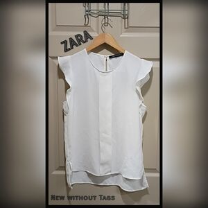 Zara women white short ruffled sleeve polyester lightweight blouse Size L